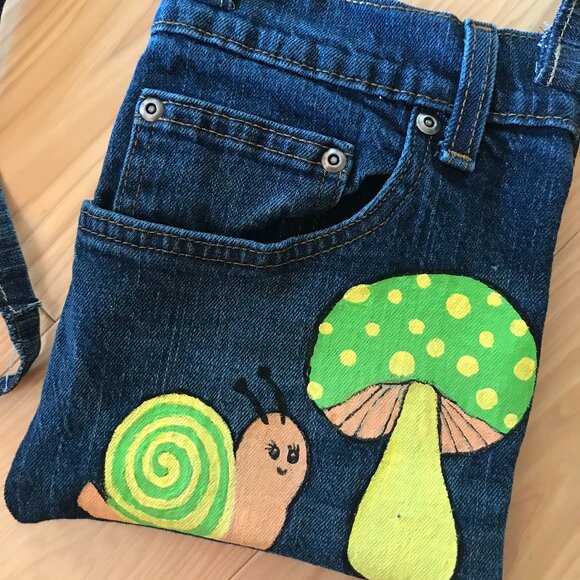 Handmade Crossbody Bag: Denim Cell Phone Holder, Whimsical Snail Mushroom Design - Picture 10 of 11
